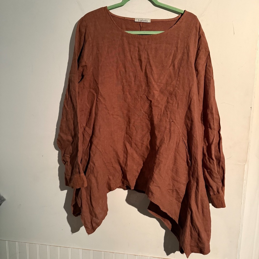 Liabella Italy Chocolate Brown O/S Pocket 100% Linen Tunic Flowy Lagenlook Boho